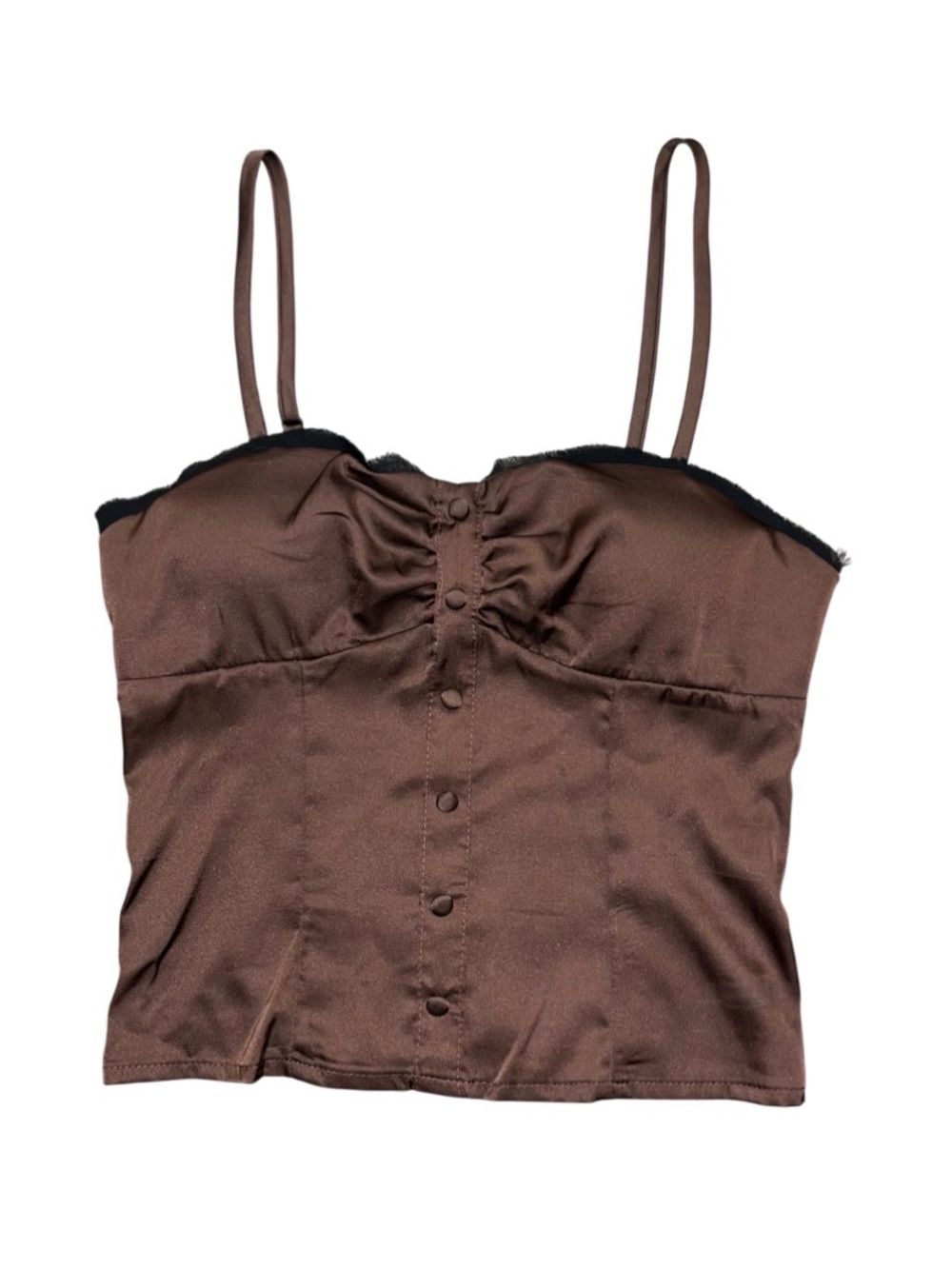Thirty Thirty LA Brown Satin Black Lace Corset Button Top Padded NWT Small Tank